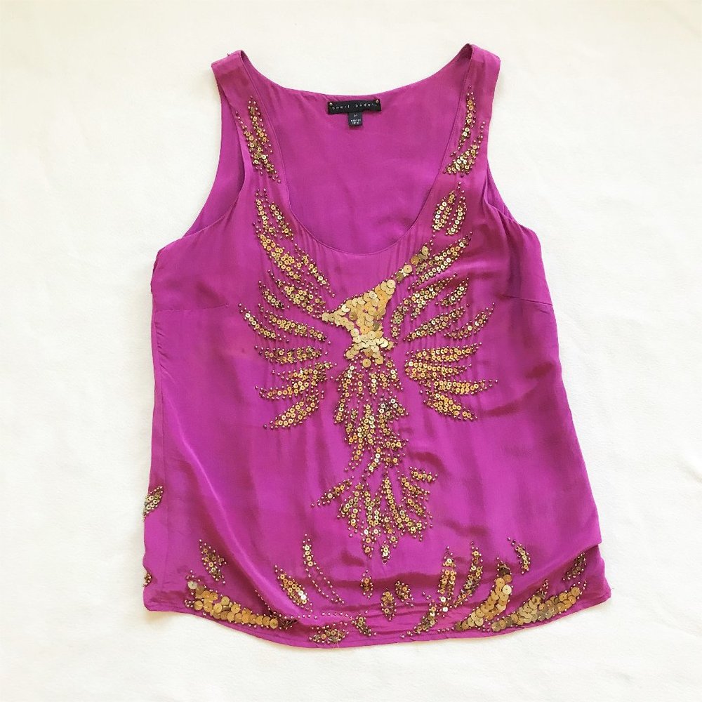 Sheri Bodell Purple 100% Silk Gold Sequin Phoenix Beaded Tank Top Blouse M 8 10